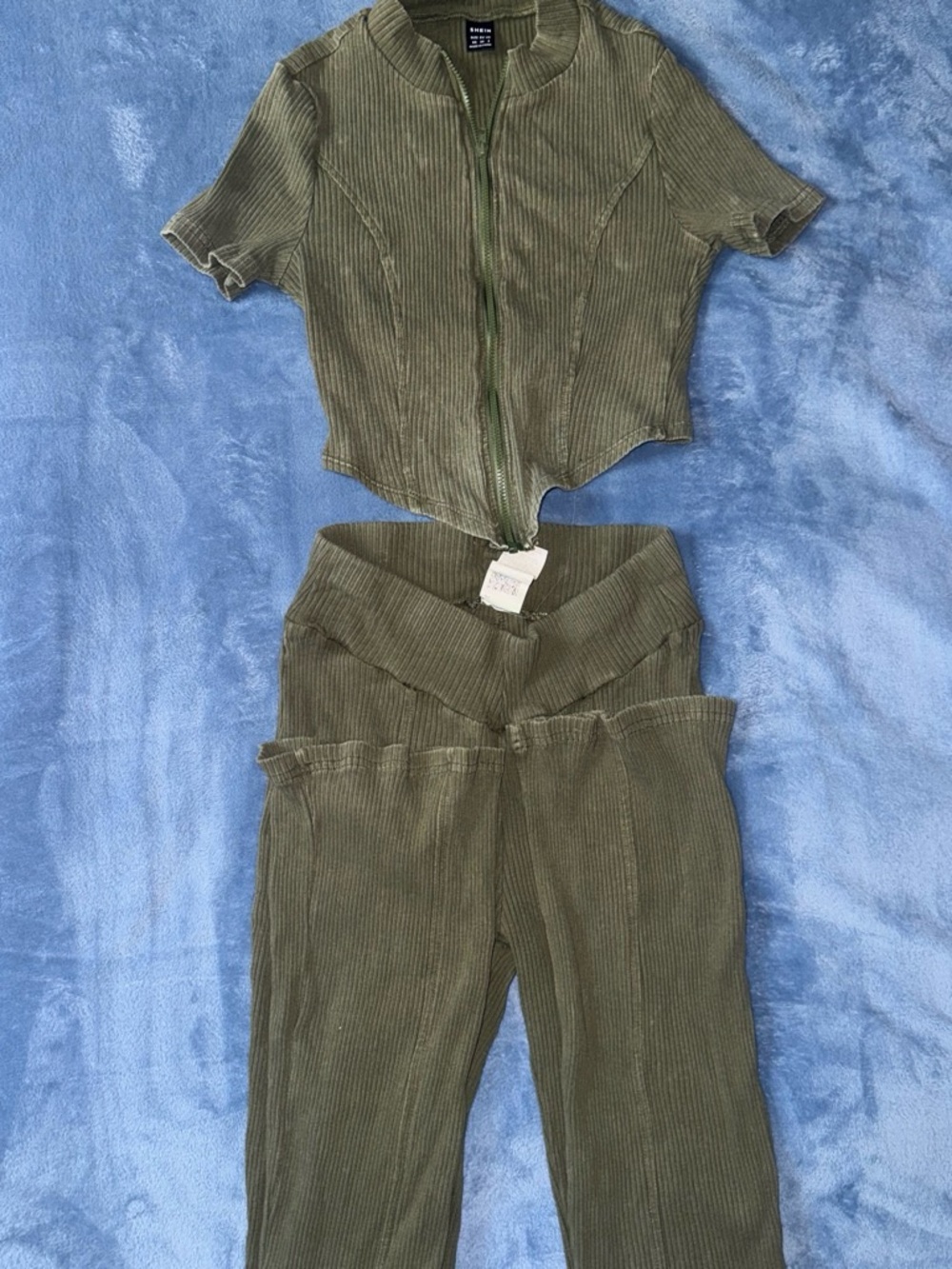 Olive Ribbed Zip-Front Crop Top & High-Waist Pants Set
